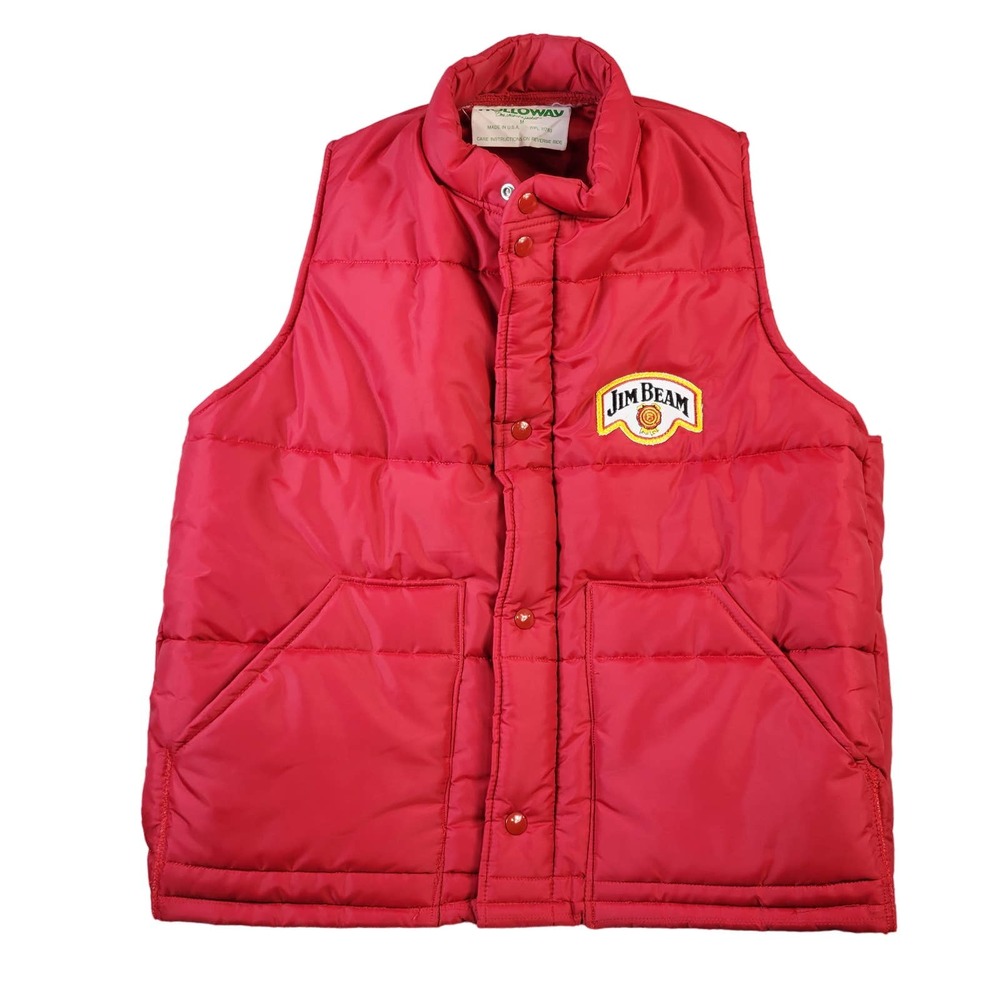 Vintage Jim Beam Patch Puffer Vest Men's Size M Snap Zipper Closure Red
